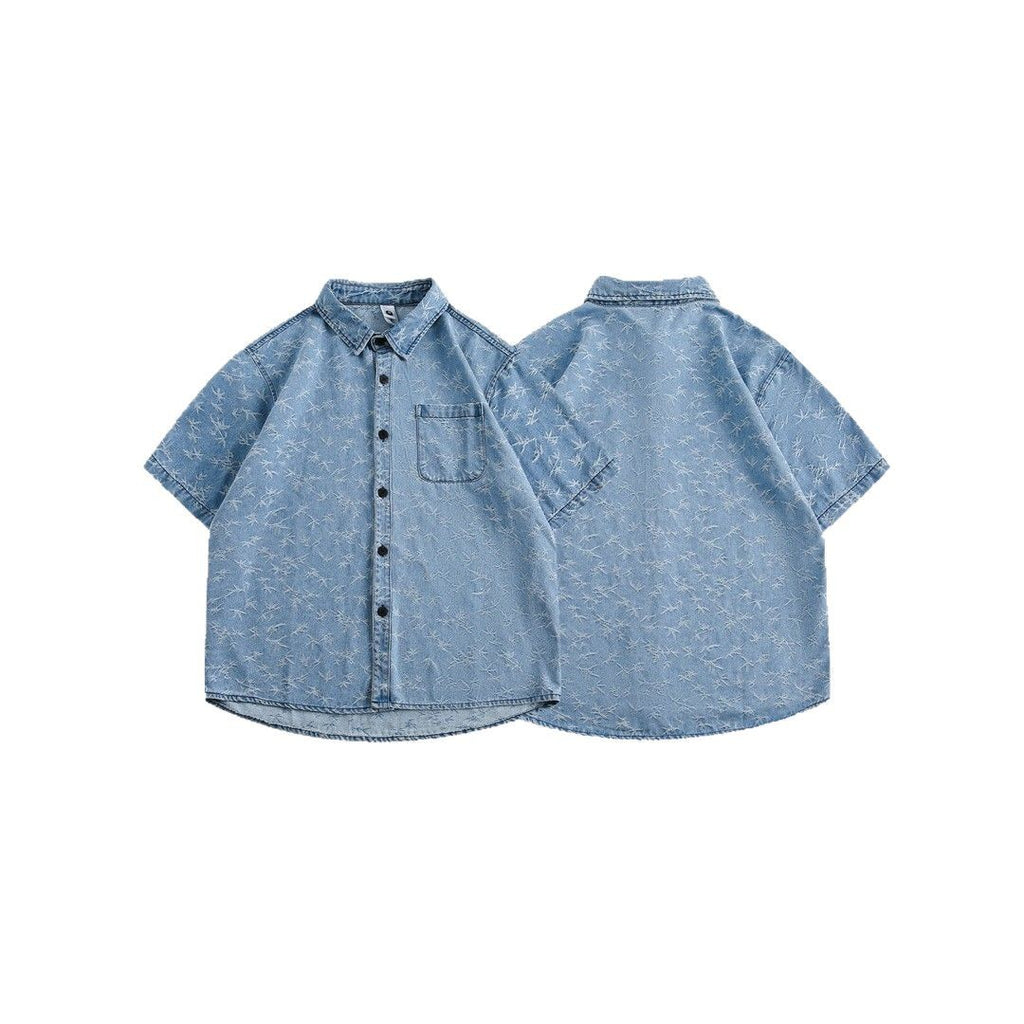 Loose and washable jacquard denim shirt with patch pocket design