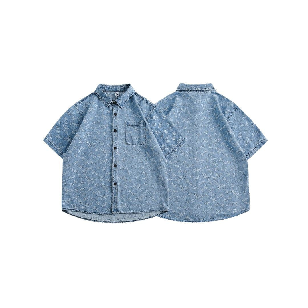 Loose and washable jacquard denim shirt with patch pocket design