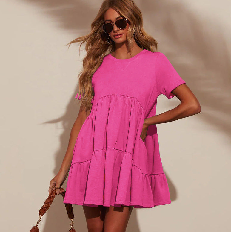Women's  Short-sleeved Solid Color Elegant Loose Round Neck Pocket Commuter Versatile Dress