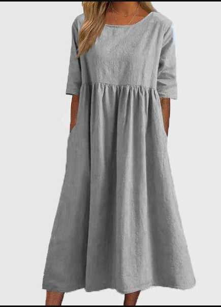 Casual Cotton Linen Short Sleeve Pocket Pleated Loose Round Neck Dress