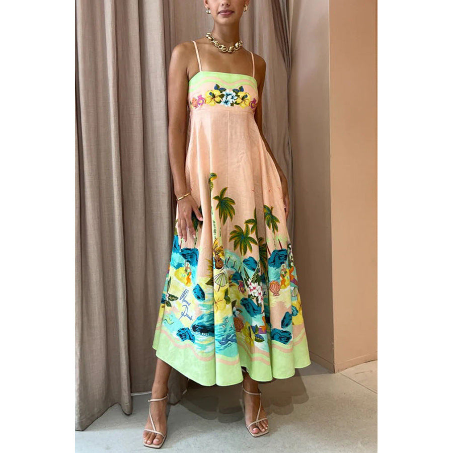 Elegant Strapless Printed Casual Dress INS Loose High-Waisted Vacation Dress