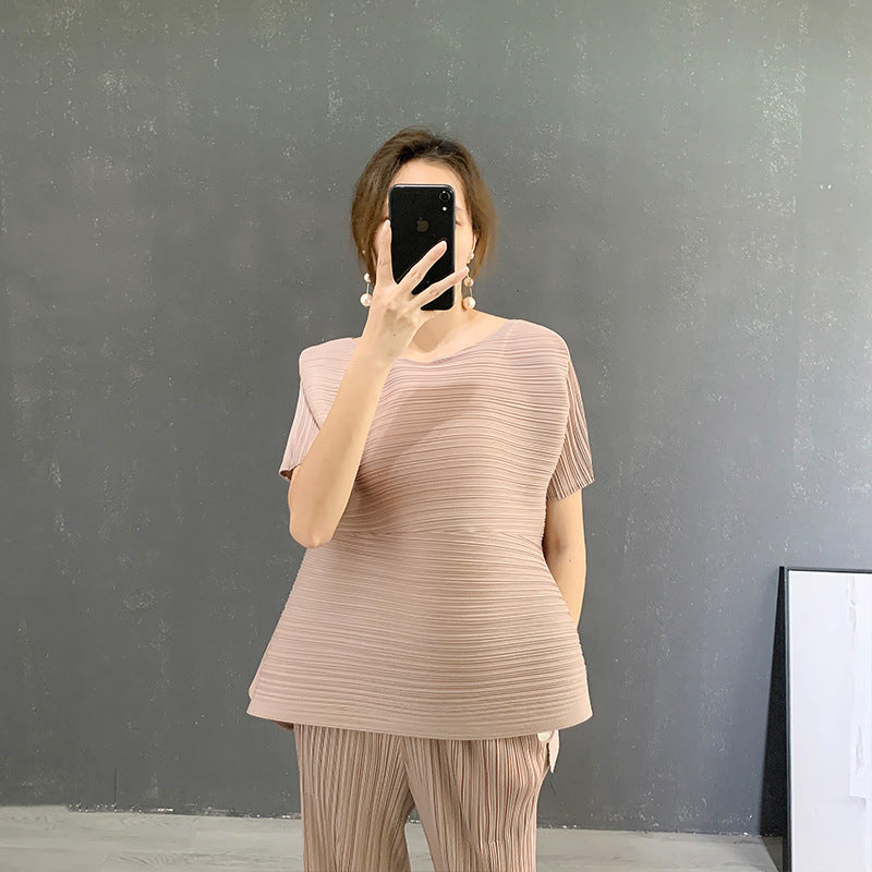 Pleated Summer Niche Design T-Shirt Loose Irregular Short-Sleeve Top for Women