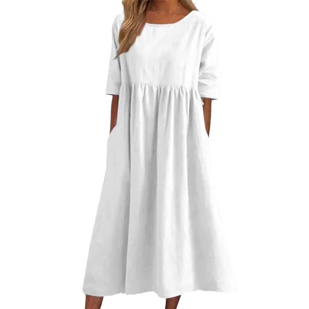 Casual Cotton Linen Short Sleeve Pocket Pleated Loose Round Neck Dress