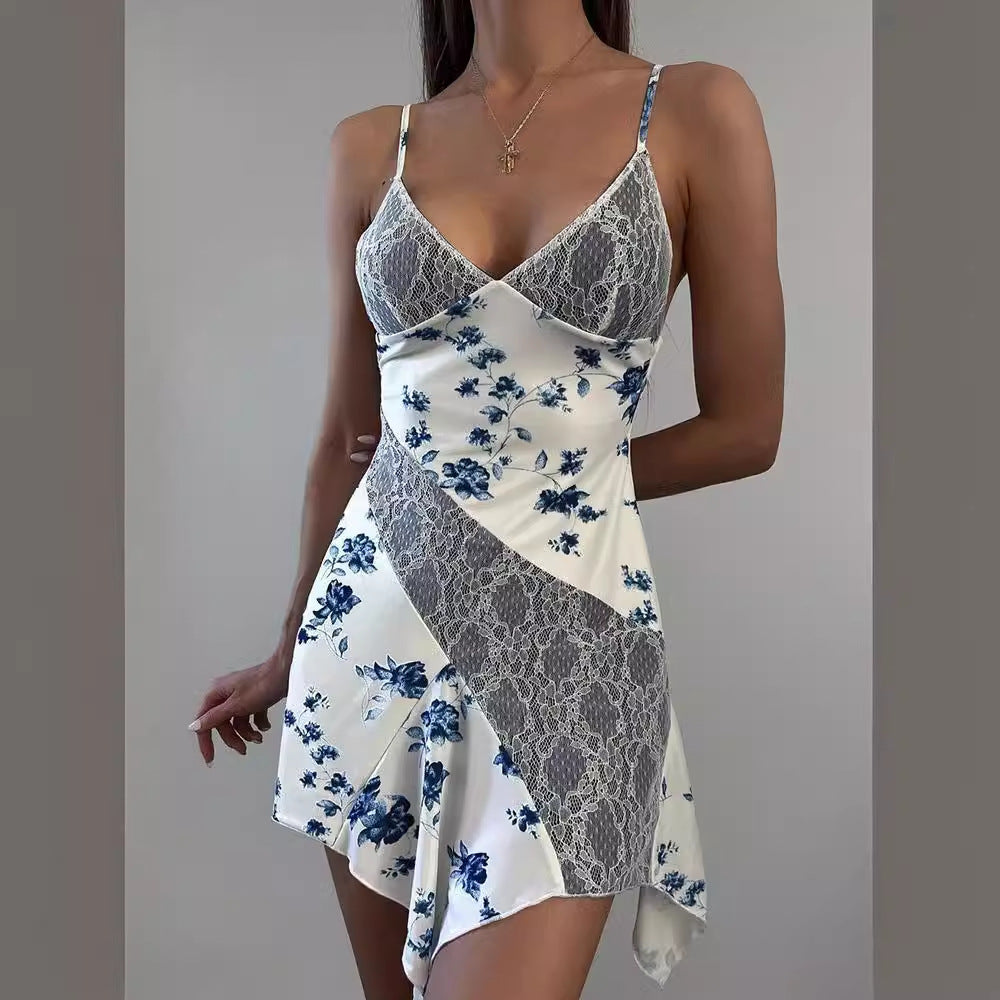 Deep V collage lace sexy suspender slit dress for women