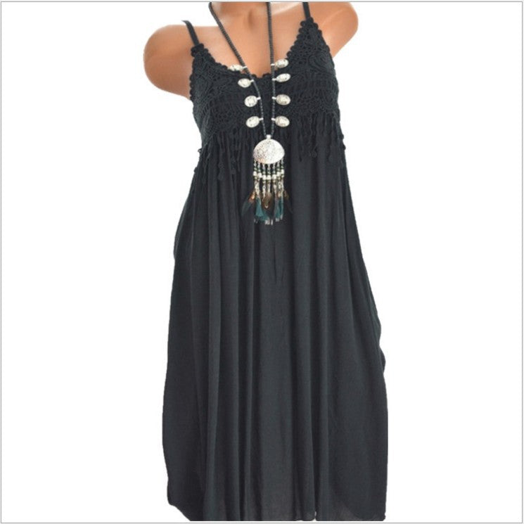 Sexy Lace Spliced Solid Color Mid-Length Strap Dress