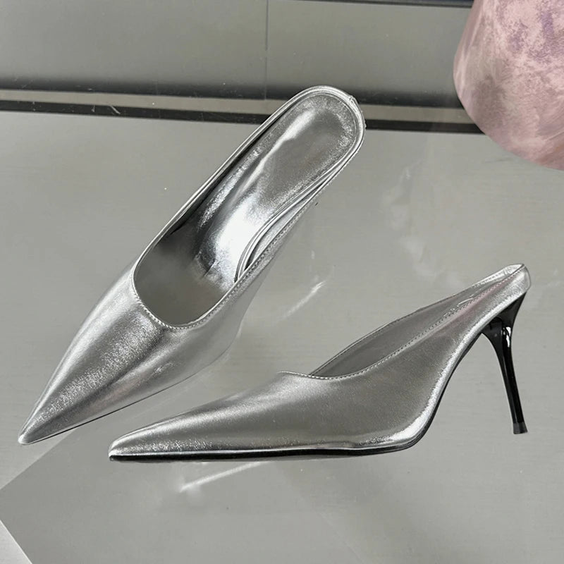 Eilyken Spring Fashion Gold Silver Pointed Toe Women Slippers Sexy Thin Heels Sandals Stripper Banquet Mule Female Shoes