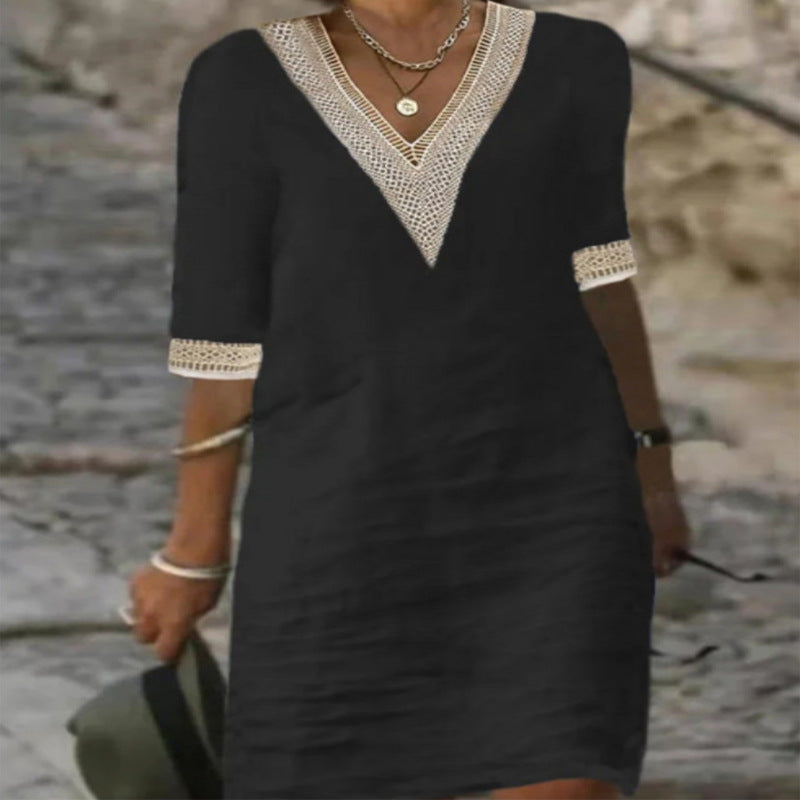 Elegant Pure Color V-Neck Mid-Sleeve Linen Cotton Dress for Women