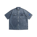 Embroidered loose retro vintage denim short sleeved shirt with patch pockets