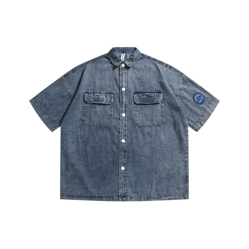 Embroidered loose retro vintage denim short sleeved shirt with patch pockets