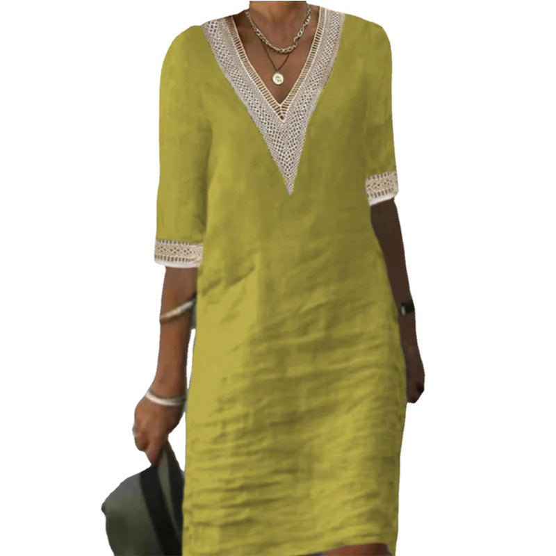 Elegant Pure Color V-Neck Mid-Sleeve Linen Cotton Dress for Women