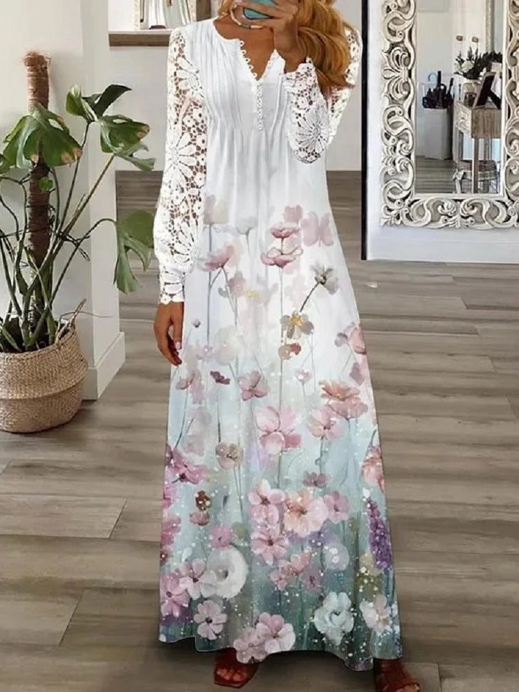 Fashion Printed Ruffle Long Sleeve Dress for Women Casual Summer Style Elegant Floral Design, One-Piece Dress