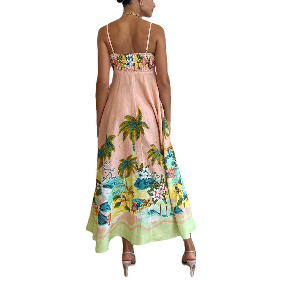 Elegant Strapless Printed Casual Dress INS Loose High-Waisted Vacation Dress