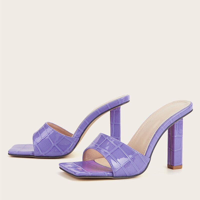 Elegant Purple High Heels Slippers For Women Ladies Fashion Snake Print Leather Square Toe Sandals Summer Party Shoes Slides