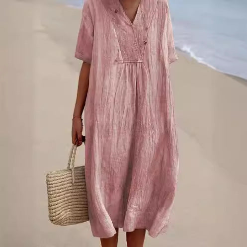 Women's Casual Slimming Pure Colour Linen Cotton Dress, Versatile and Fashionable