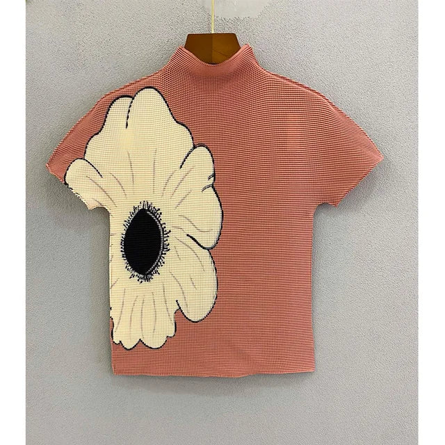 Thin pleated top short sleeved slim fit stretchy three bedroom printed casual T-shirt women's small shirt