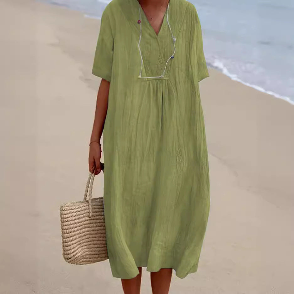 Women's Casual Slimming Pure Colour Linen Cotton Dress, Versatile and Fashionable