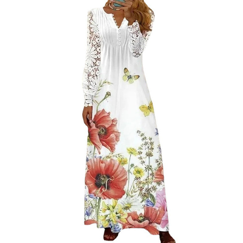 Fashion Printed Ruffle Long Sleeve Dress for Women Casual Summer Style Elegant Floral Design, One-Piece Dress