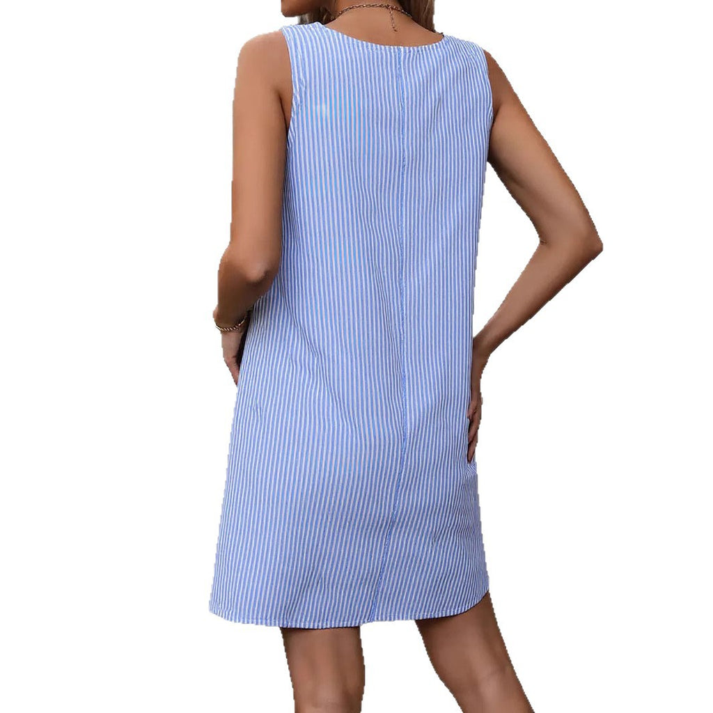 Striped summer round neck button back pocket casual dress