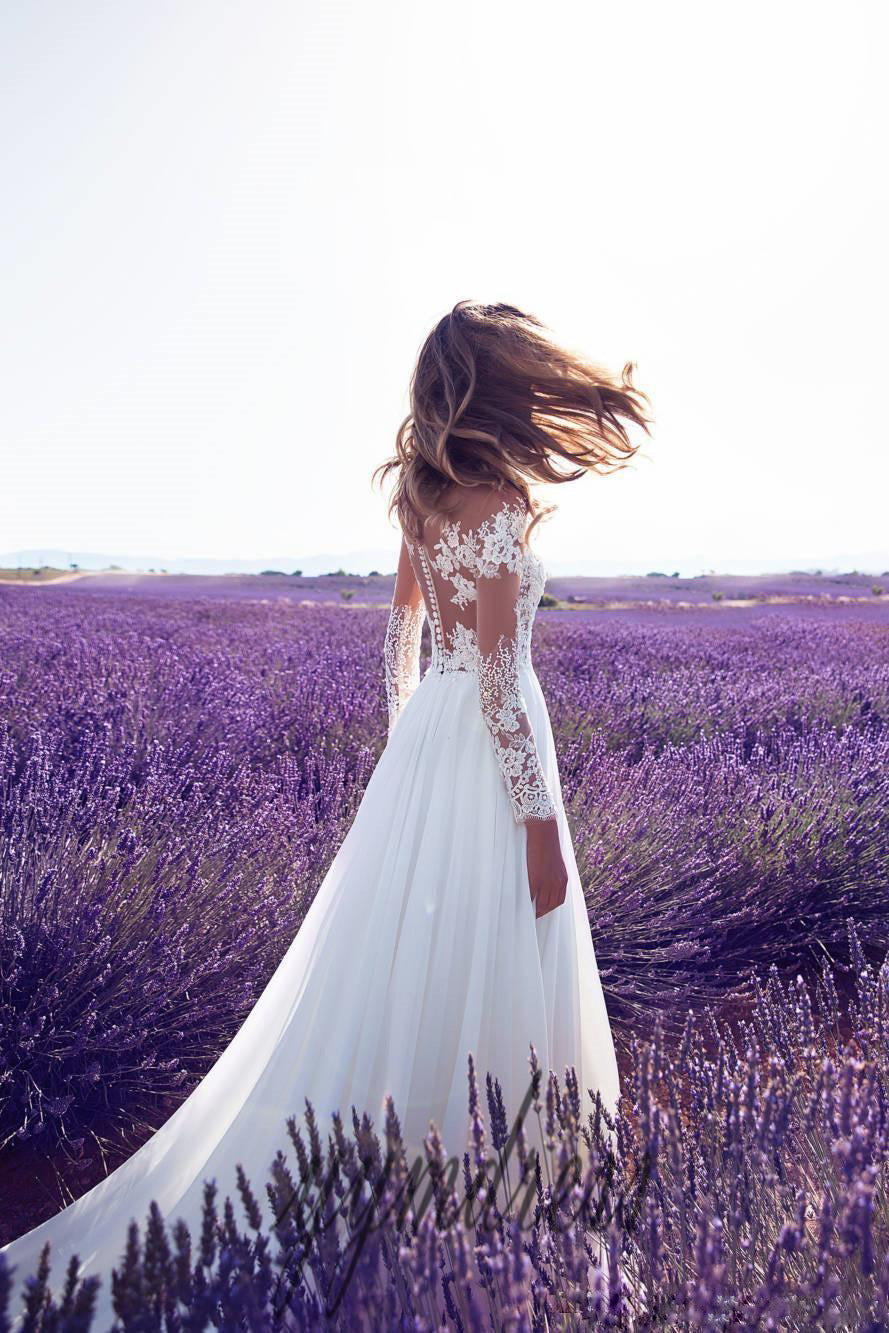 Long Sleeve Sheer Lace Wedding Bridesmaid Dress with Slit Long Skirt