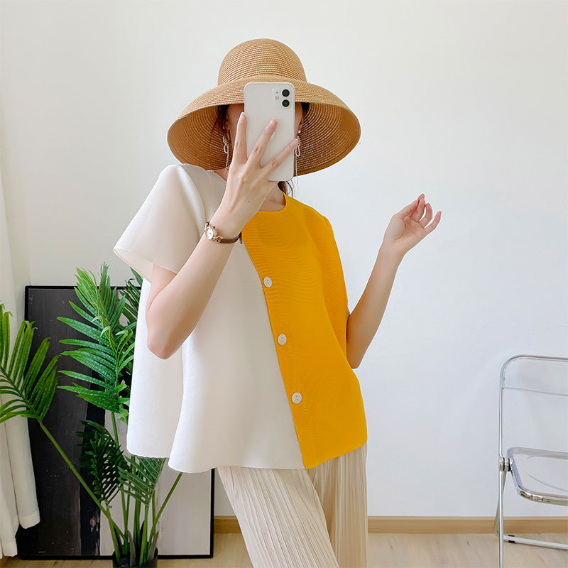 Pleated Color-Blocking Top Summer Half-Sleeved Loose Large Size Small Shirt Contrast Color T-Shirt Short Style