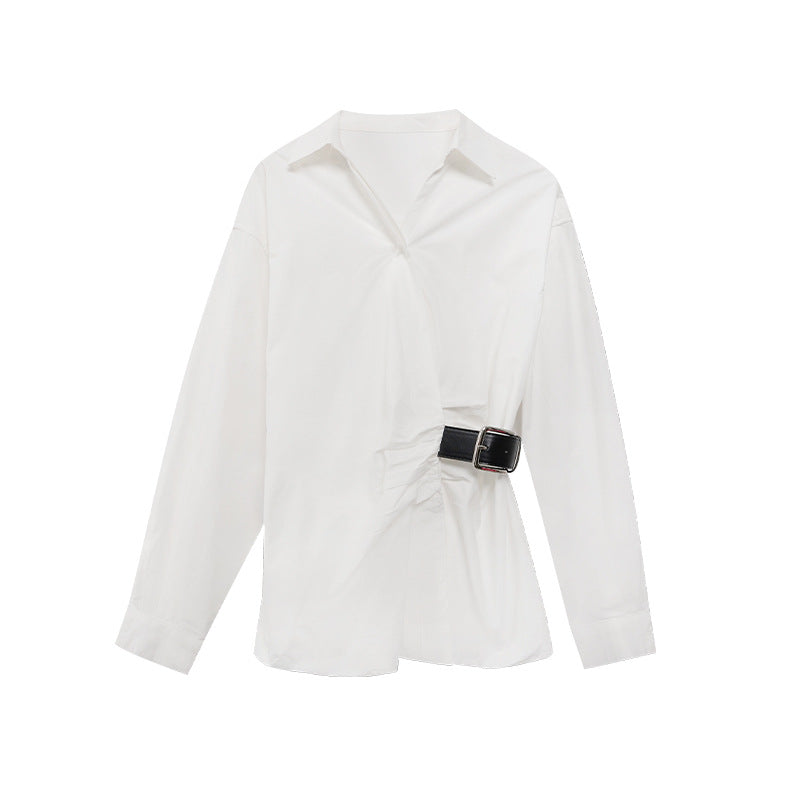 Women's waist-cinched long-sleeved shirt