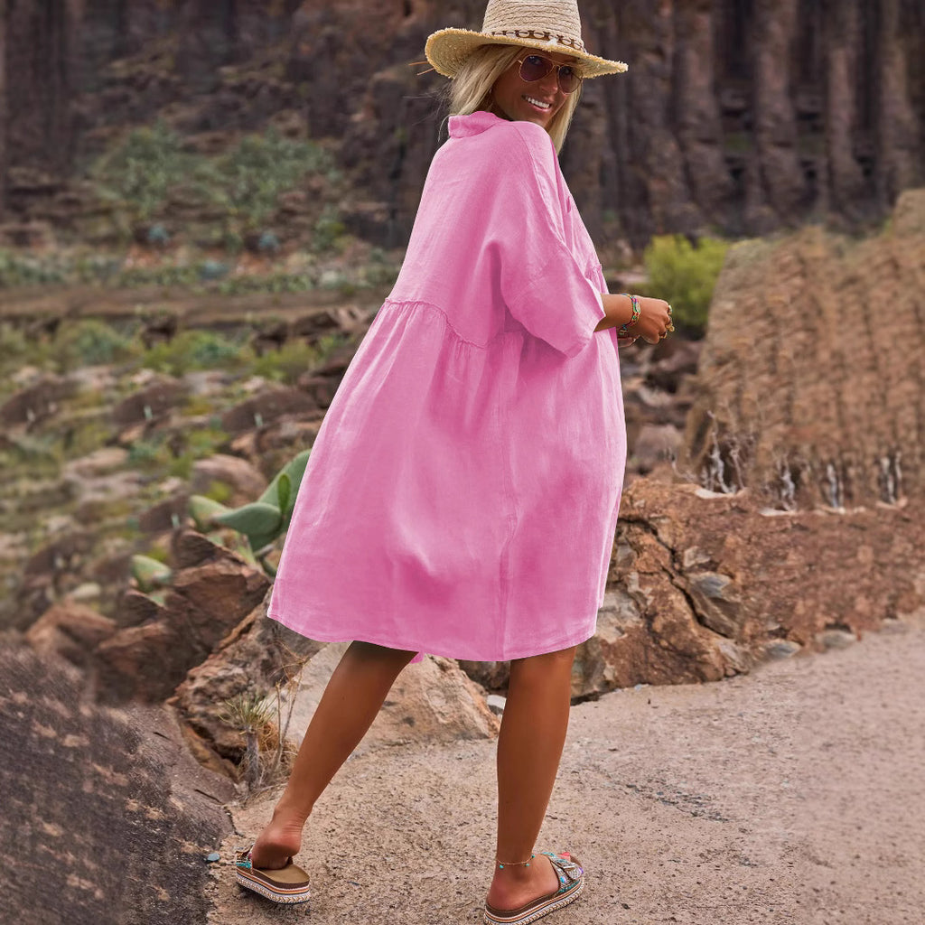 Loose Solid Color Polo Collar Casual Simple  Button Dress Summer