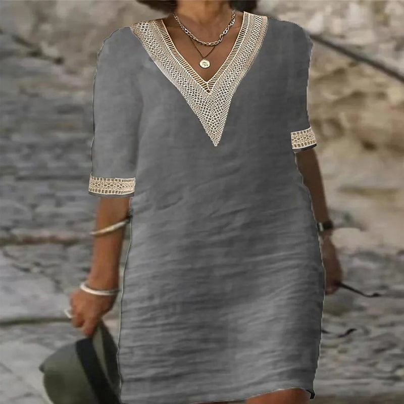 Elegant Pure Color V-Neck Mid-Sleeve Linen Cotton Dress for Women
