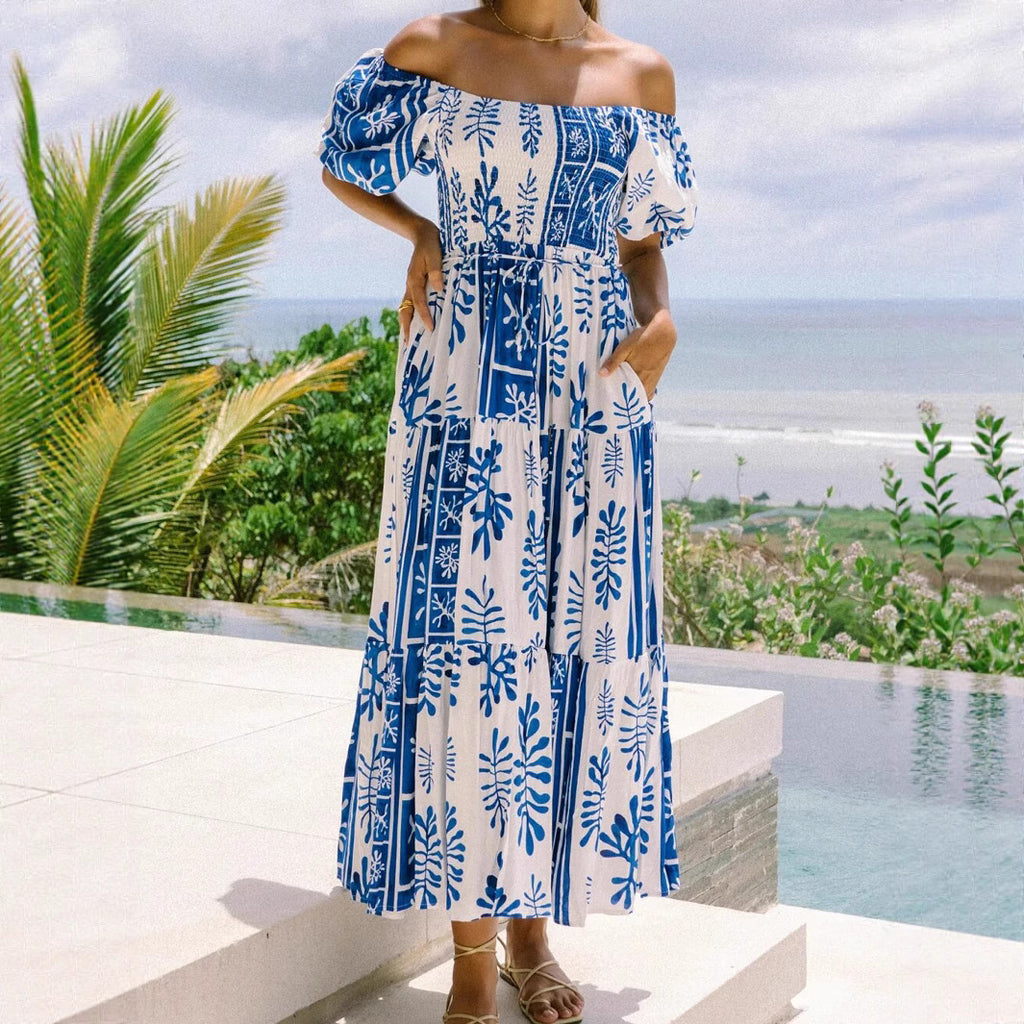 One Shoulder Multi-Way Pocket Maxi Dress with Flared Skirt