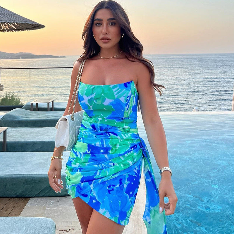 One-Shoulder Printed Sleeveless Pleated Dress