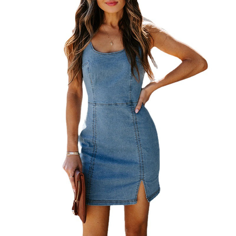 Cowboy women's tight fitting backpack revealing hip skirt dress