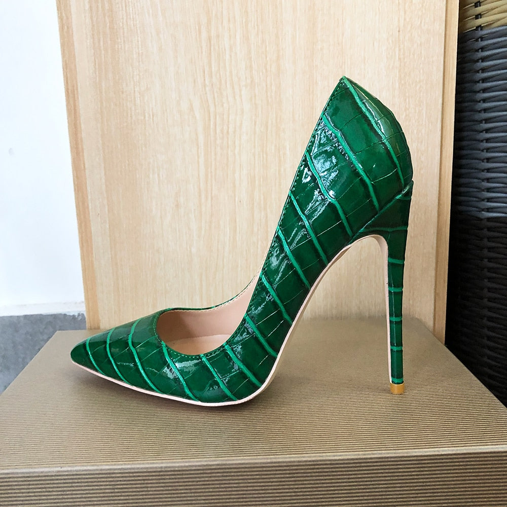 Tikicup Green Crocodile Effect Women Pointy Toe High Heels 8cm 10cm 12cm Customize Ladies Sexy Stiletto Pumps Club Party Shoes