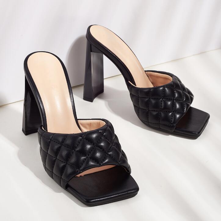 Summer Comfortable Soft Pu Leather Women Mules Slippers Outdoor Fashion Square Head High Heels Party Female Shoes