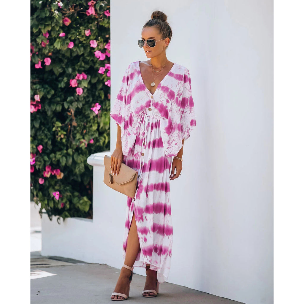 Tie-Dye Loose Dress with Belt for Home Leisure and Casual Wear