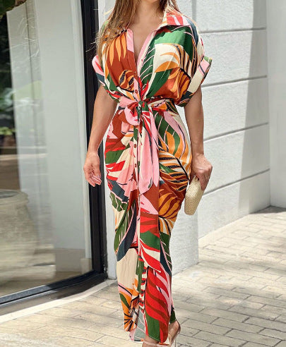 Fashionable Women's High-Waisted Single-Button Long Sleeveless Shirt Dress with Turn-Down Collar and Mid-Length Cut