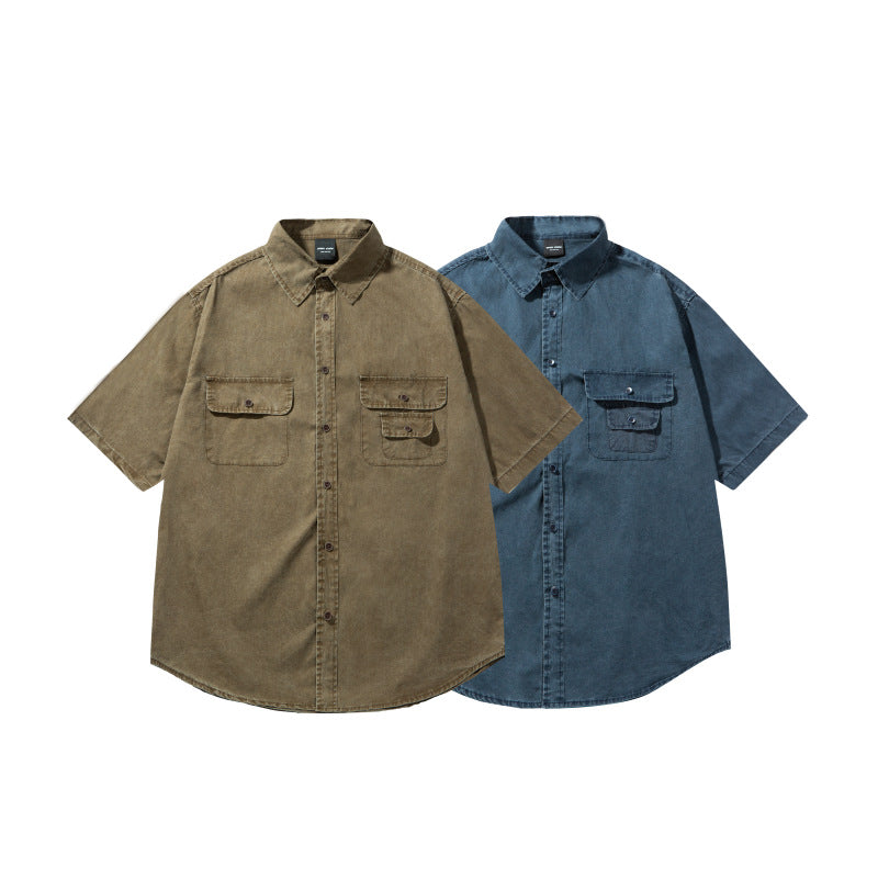 Men's retro washed distressed patch pocket loose workwear shirt