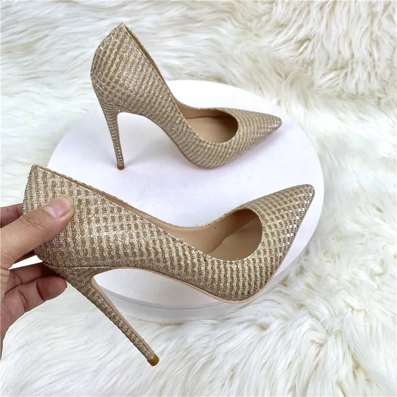 Plaid Glitter Gold Sequined Women's Pointy Toe High Heels Classic Wedding Party Shoes Shiny Bling Slip On Stiletto Pumps
