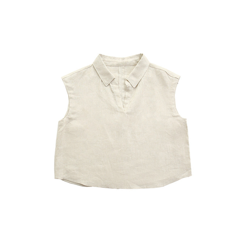 Pure Linen Short Top Women  Style Lapel Vest Summer New Breathable Sleeveless Shirt