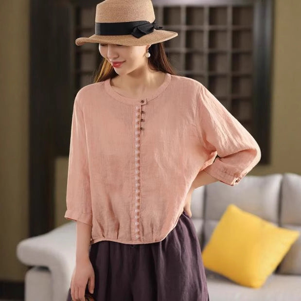 Heavy Embroidery Placket Linen Shirt Elegant Pullover Loose Three-Quarter Sleeve Blouse Top
