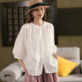 Literary Single-Breasted Linen Blouse Women Short Sleeve Cardigan Loose Slim Fit Versatile Top