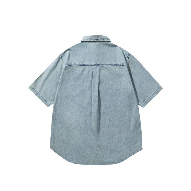 Washed denim shirt with embroidery for men and women