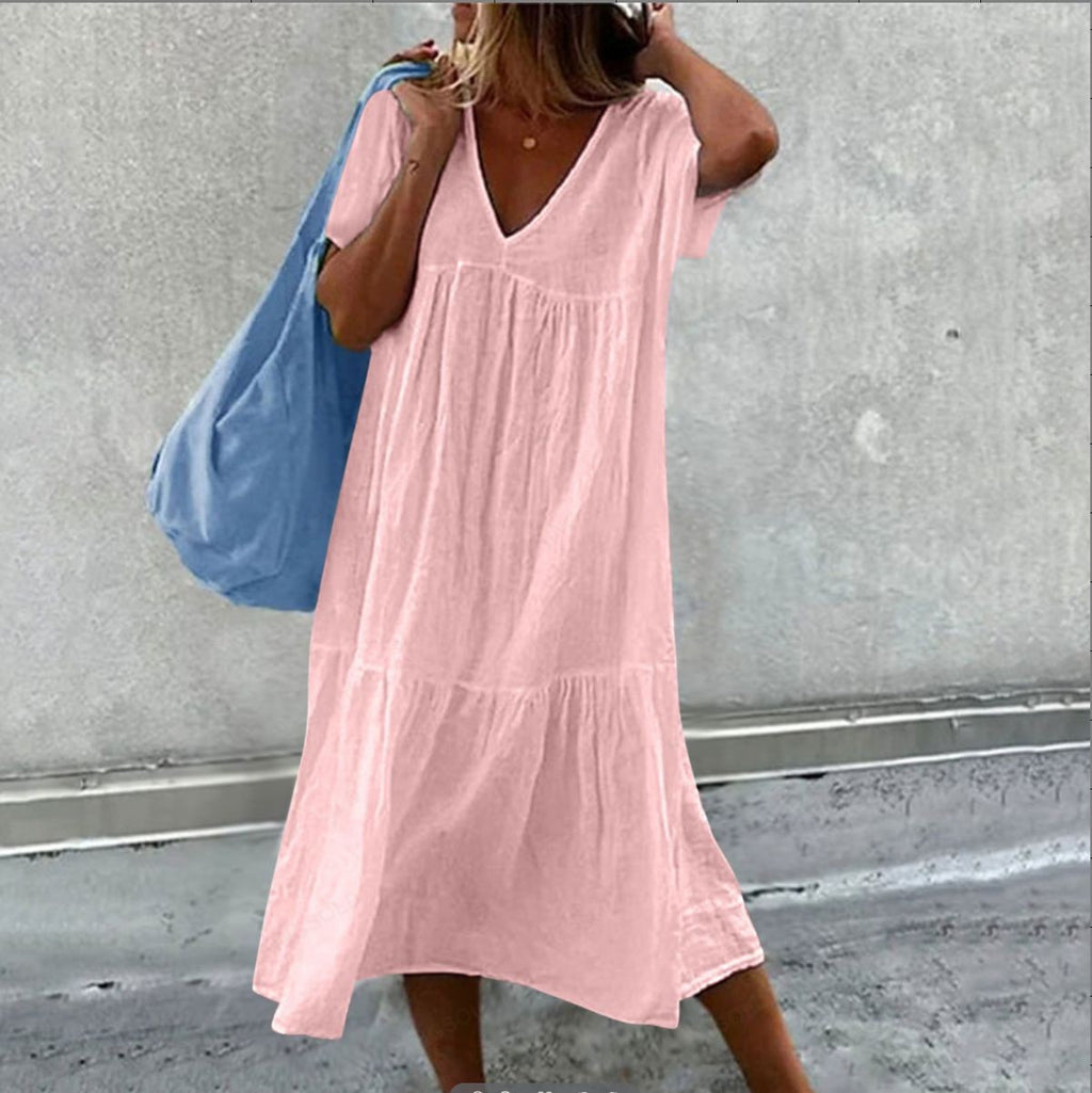 Chic Cotton Linen Mid-Length Dress for Women Round Neck Short Sleeve Casual Style