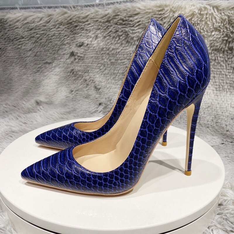Navy Blue Crocodile Effect Pattern Women's Pointy Toe High Heel Shoes Chic Ladies Slip-On Stiletto Pumps