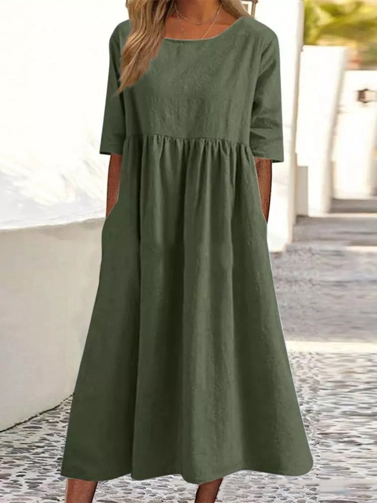Casual Cotton Linen Short Sleeve Pocket Pleated Loose Round Neck Dress