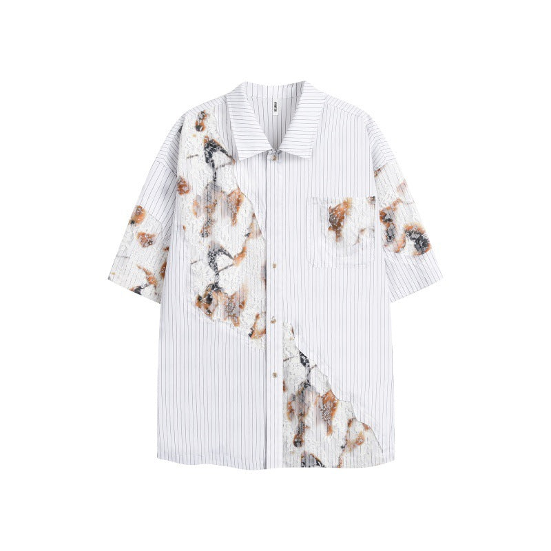 Men's flame lace patchwork short-sleeved shirt