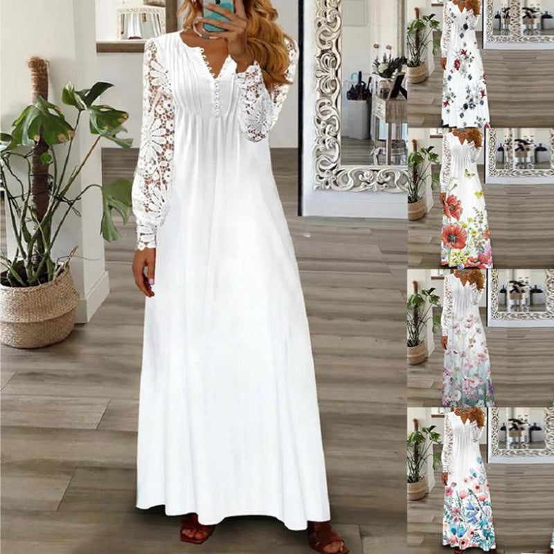 Fashion Printed Ruffle Long Sleeve Dress for Women Casual Summer Style Elegant Floral Design, One-Piece Dress