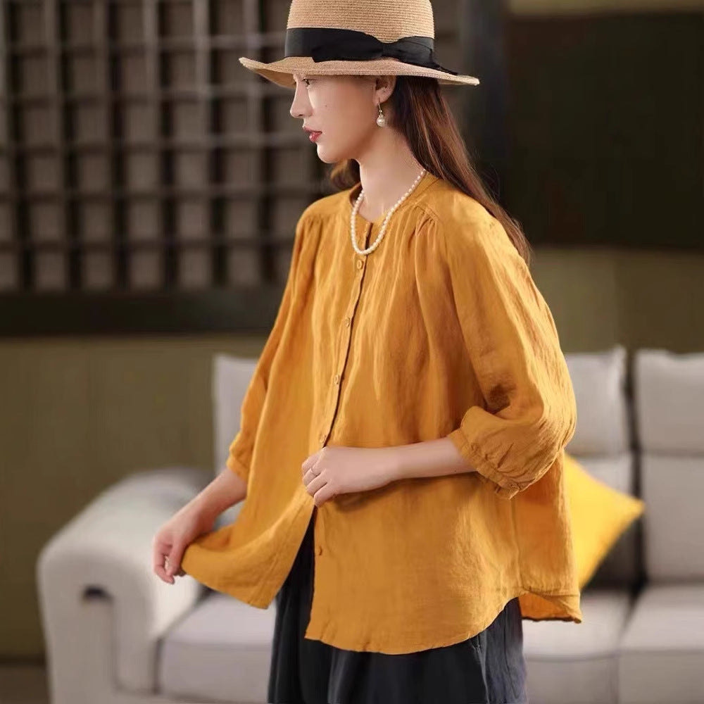 Literary Single-Breasted Linen Blouse Women Short Sleeve Cardigan Loose Slim Fit Versatile Top