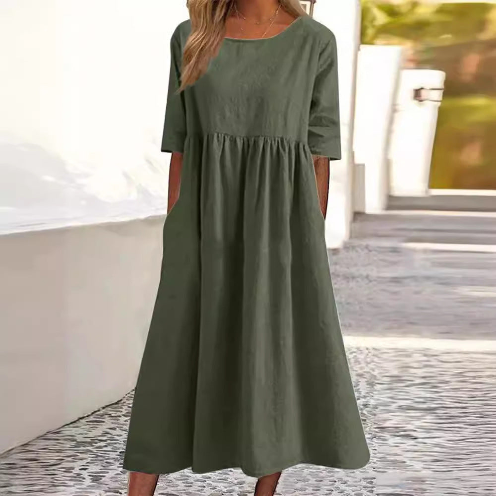 Casual Cotton Linen Short Sleeve Pocket Pleated Loose Round Neck Dress