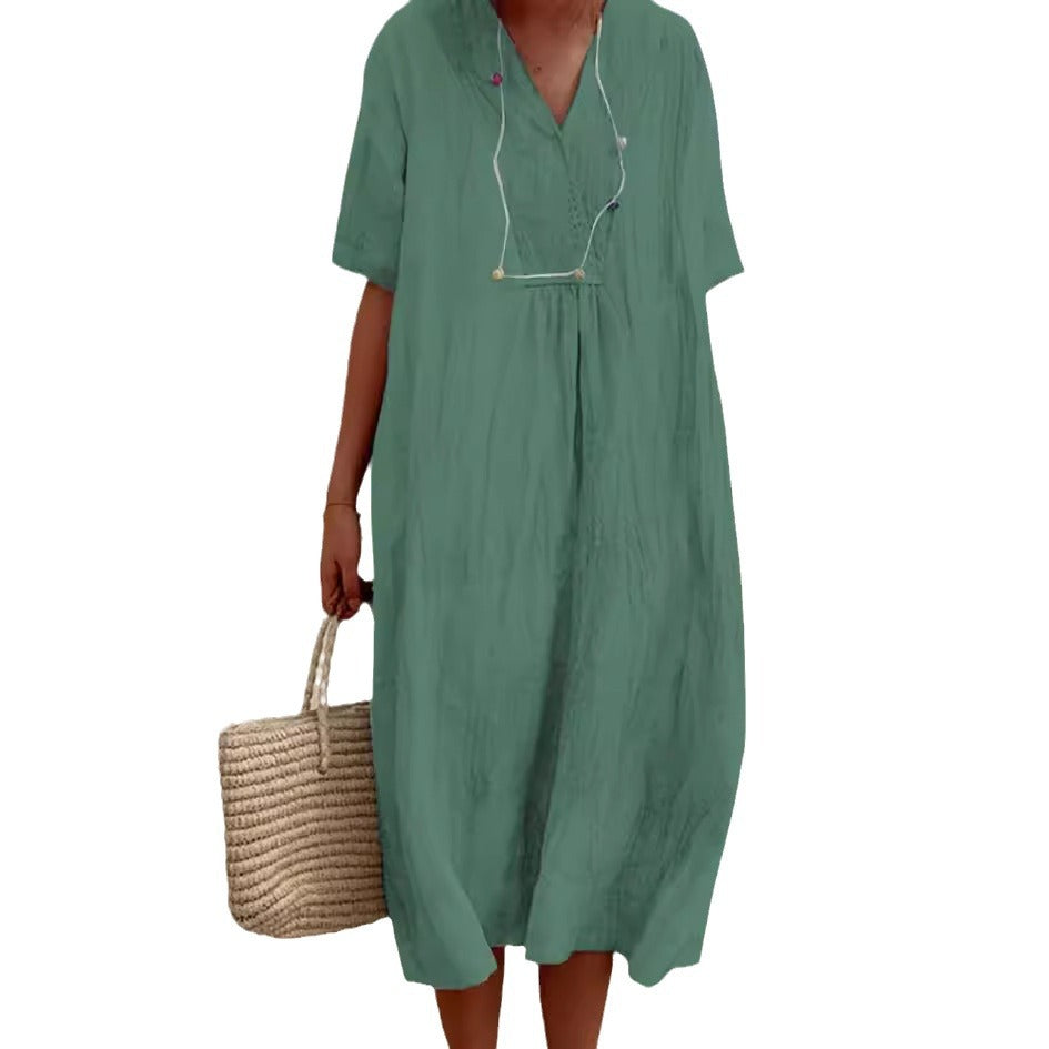 Women's Casual Slimming Pure Colour Linen Cotton Dress, Versatile and Fashionable
