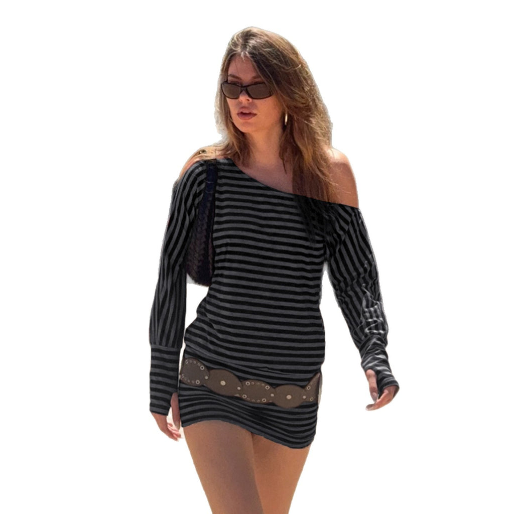 Casual Off-the-Shoulder Striped Long-Sleeved Dress Women's Design Sense Waist-Cinching Short Skirt Bodycon Dress