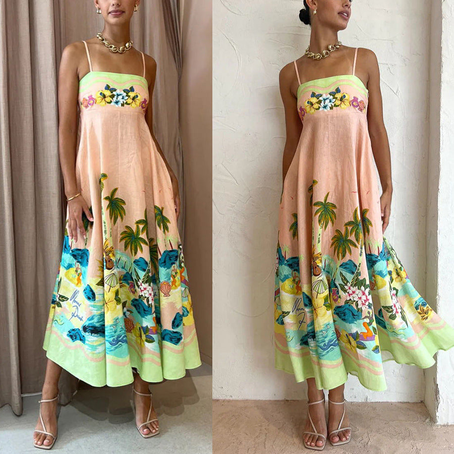 Elegant Strapless Printed Casual Dress INS Loose High-Waisted Vacation Dress